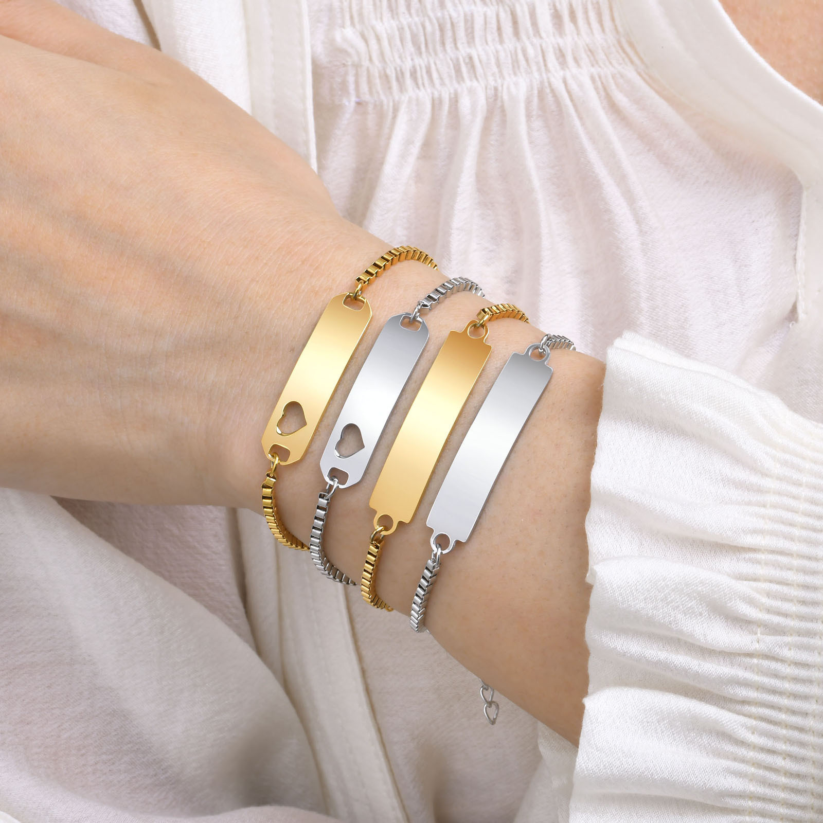 Personalized simple stainless steel curved card box chain children's women's bracelet gold cross-border lettering BR-1540