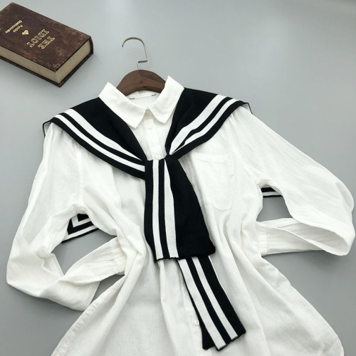 Knit Warm Autumn/Winter Striped Scarf Navy Style Cute Trendy Shirt White Dress