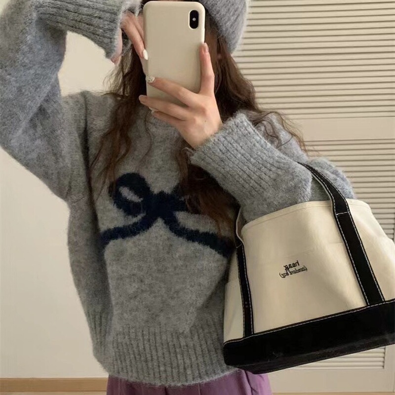 Winter New Women's Style Bow Sweater Women's Loose Lazy Round Neck Long-Sleeved Sweater Top Jacket