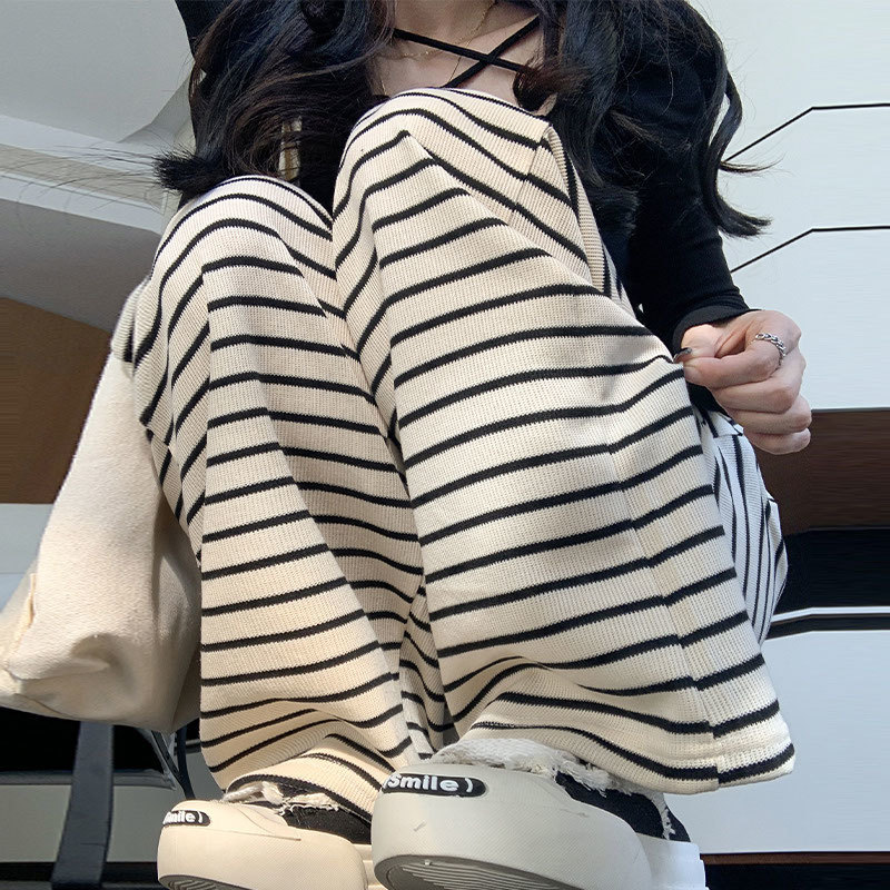 黑白条纹阔腿裤女2025新款春夏高腰显瘦宽松小个子垂感休闲直筒裤