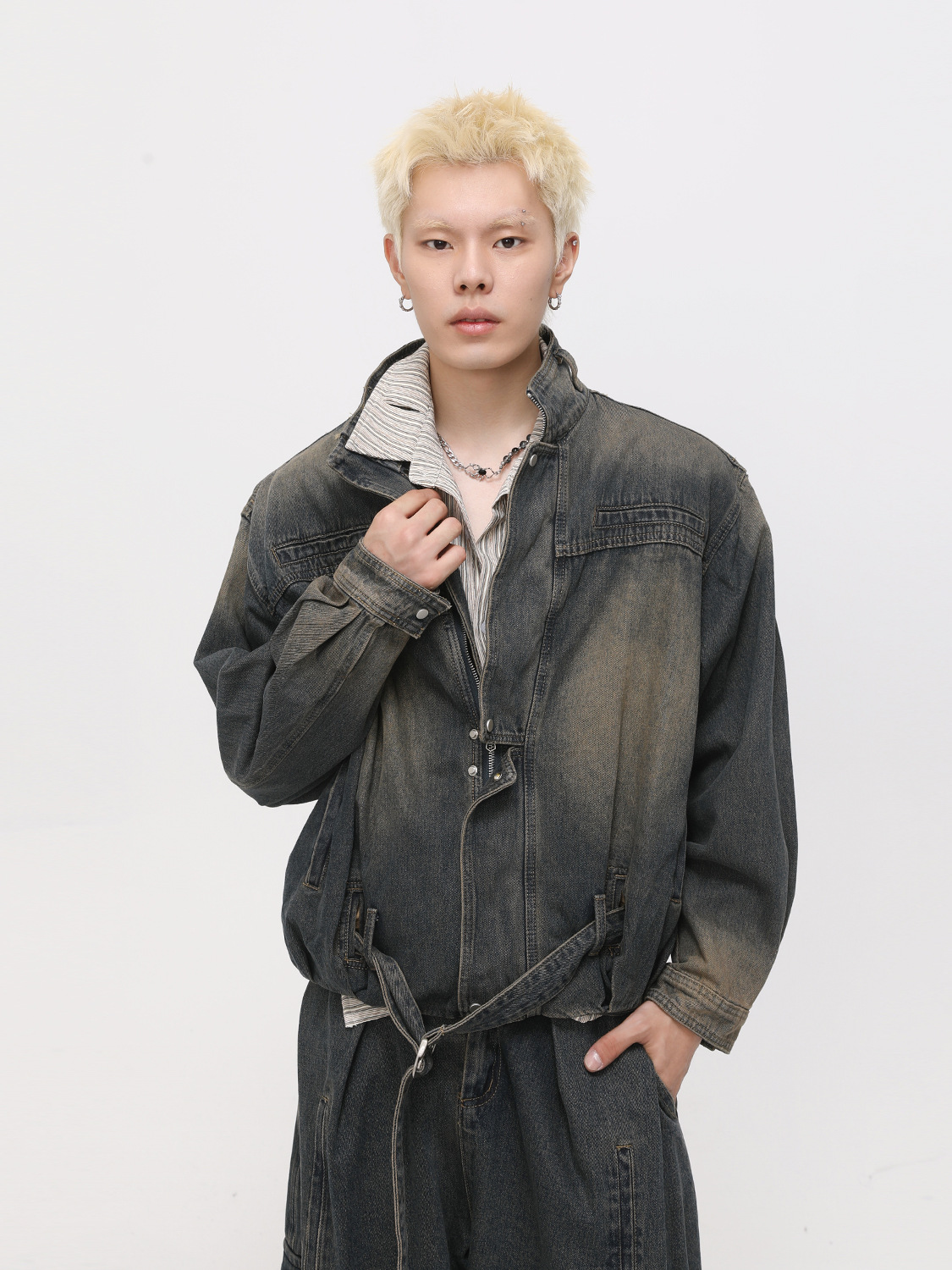 MTLCLOTHES Hombres| Calle retro hacer viejos bolsillos pesados sueltos versátiles moda vaquero conjunto de moda moda