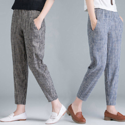 Summer cotton and linen women's pants, thin and loose harem pants, casual radish pants, linen vertical stripes, ankle-length 9/10 pants