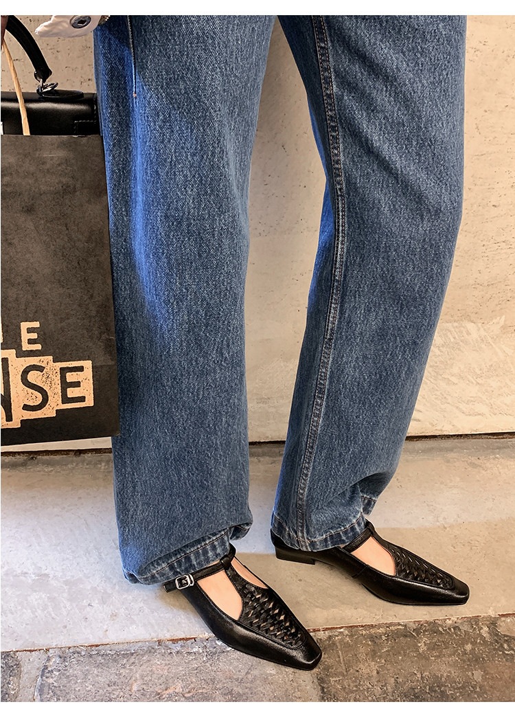 Giày Mary Jane nữ đan T-Strap da thật mũi vuông đế bệt — màu đen, bạc chi tiết 7