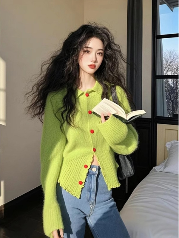 绿色宽松毛针织开衫女多巴胺韩系高级感慵懒风上衣2025新款早秋季|undefined