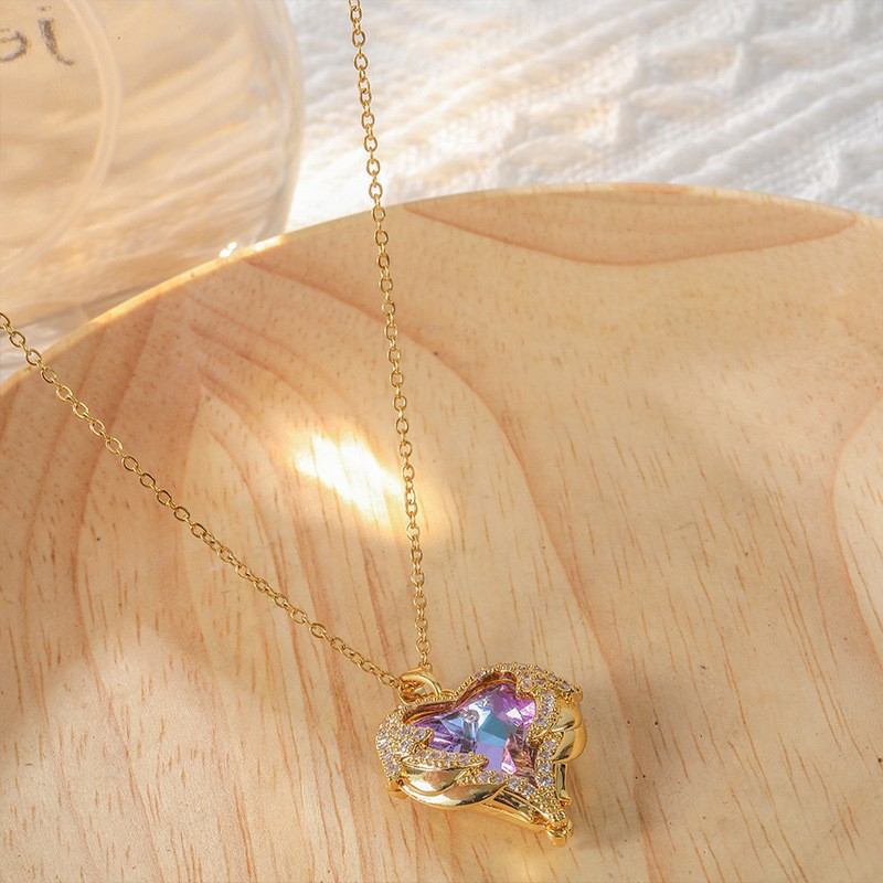 Collar de corazón de océano para mujer – colgante de cristal en forma de corazón, cadena de clavícula de acero inoxidable