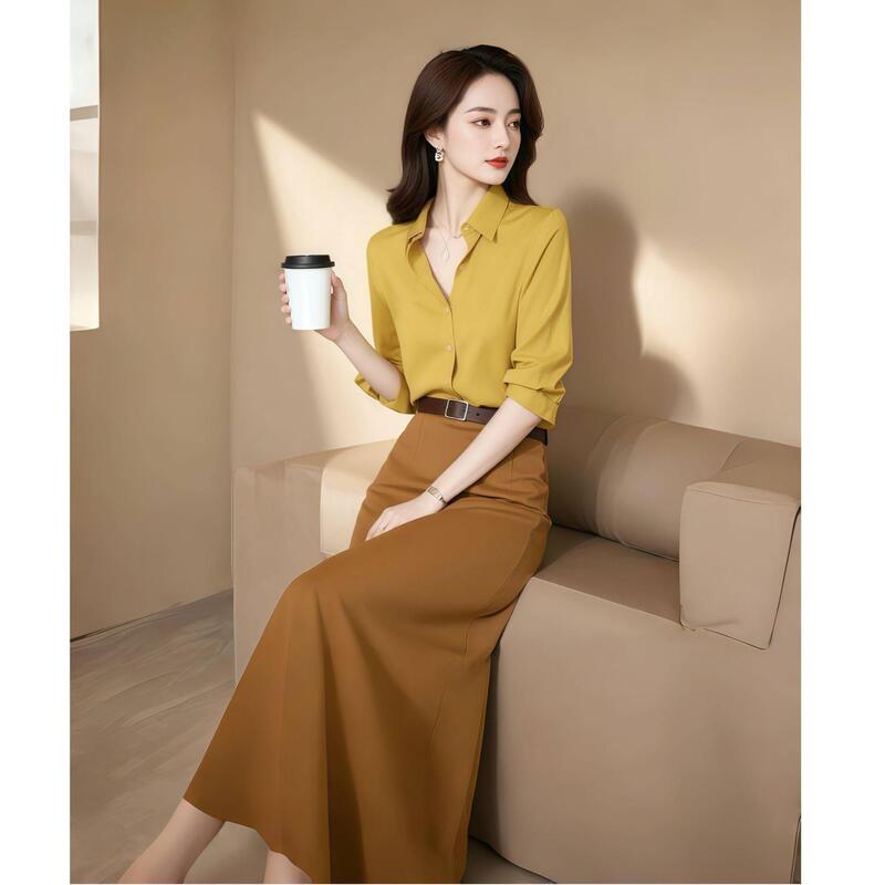 2026 Super Trendy Spring Outfit with a Complete Set of Elegant, Age-Reducing, High-End Style Yellow Shirt and Skirt Set