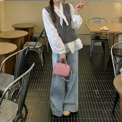 拼接背心马甲甜美清新衬衫氛围套装新品背心毛衣套装