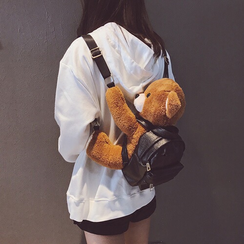 Bags 2023 New Trendy Cute Backpack Women's Plush Motorcycle Bear Backpack Animal Doll College Style School Bag