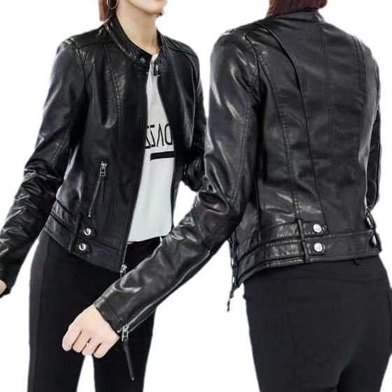 Women's short leather jacket, factory wholesale, autumn, black, slimming top, women's jacket, Korean style casual leather jacket