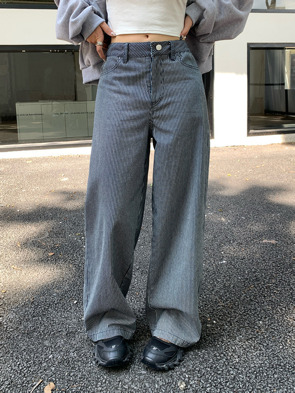 广州黄峥早秋穿搭休闲裤蓝色条纹阔腿裤女宽松百搭直筒裤子530871|undefined