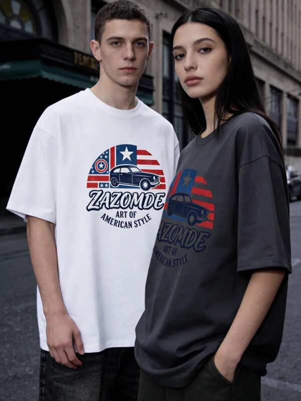 Zazomde Flag Print Cotton T-Shirt Heavyweight Fabric Suitable for Casual Street Style Short-Sleeve Trendy Brand Men's T-Shirt