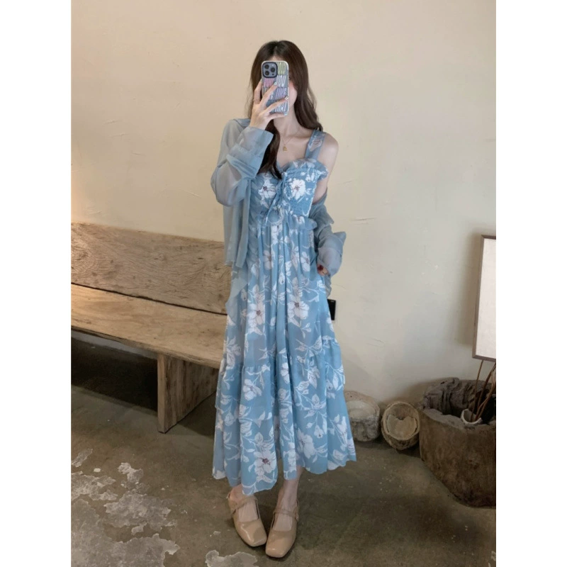 Летний праздник ветровой набор корейская версия чистого ветра цветочный слинг платье дикий шифоновый солнцезащитный платок из двух частей