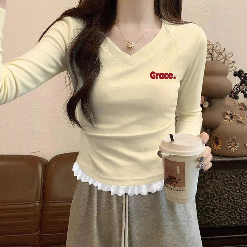 2025 Early Autumn New Popular Style Super Nice V-Neck Top Women's Lace Waist Shirt Slimming Look Long-Sleeved Bottoming T-Shirt