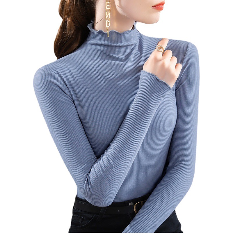 Camiseta interior modal para mujer, cuello medio alto, ropa de mujer 2024, efecto rejuvenecedor, borde con volantes, ropa interior para otoño e invierno, top ajustado a la cintura con mangas con volantes.