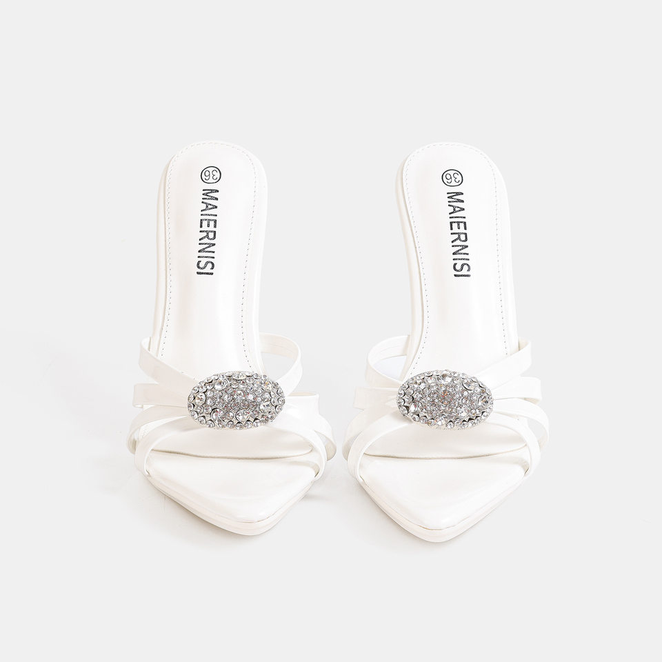Sandal nữ quai ngang đính pha lê gót nhọn mạ điện, form rộng nhiều cỡ — Màu be, Màu bạc, Màu trắng, Màu tím chi tiết 3