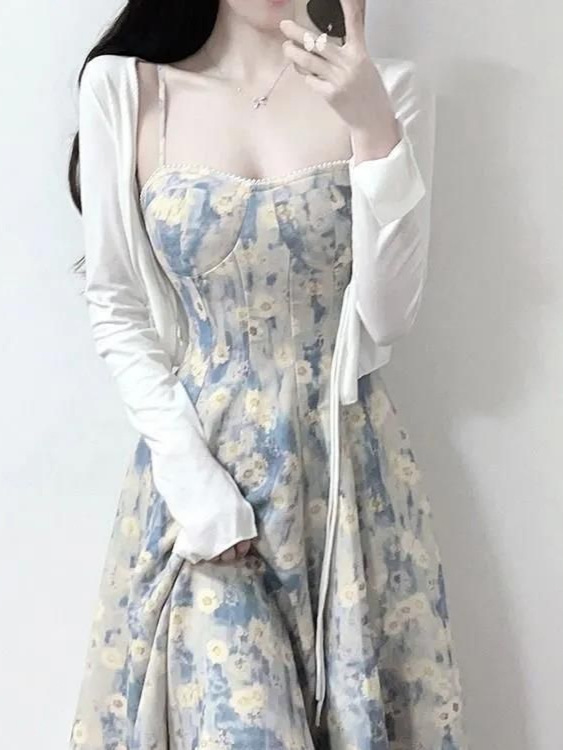 ティーブレイクフレンチピュアブルー油絵ドレス女性の夏の新しい妖精花柄ウエストサスペンダーミドル丈スカート|undefined