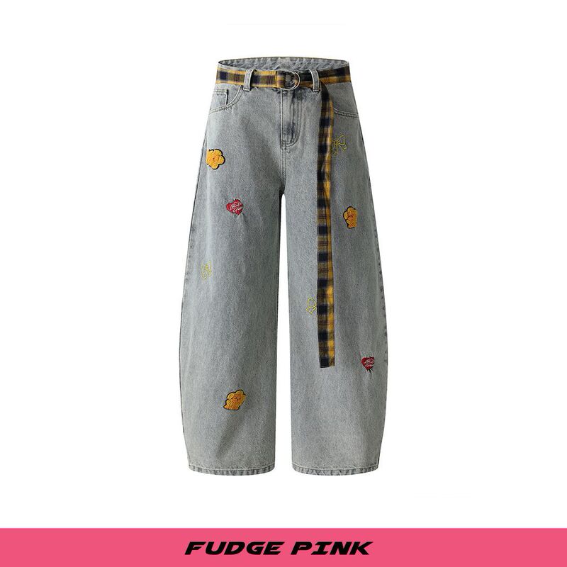 Fudge Pink 2025秋季New甜美少女趣味刺绣宽松水洗牛仔长裤|undefined