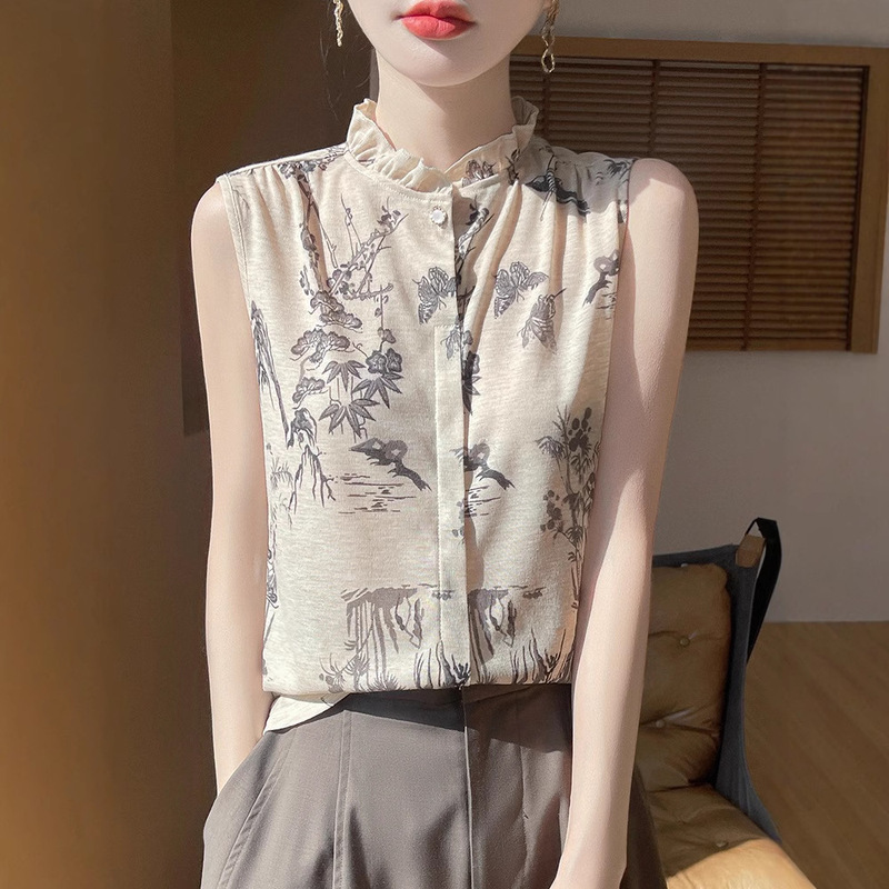 Ink Shirt Women's Outer Wear Sleeveless Retro Thin Ice Silk Inner Vest Lyocell Tencel Tie-Dye Bottoming Top