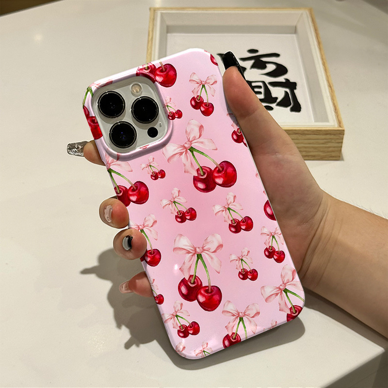 Summer Mobile Phone Case Suitable for iPhone 17 Pro Pink Cherry Bow Apple 15 Premium 16Pm Film Case