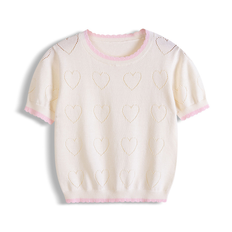 Camiseta hueca de amor de encaje de cuello redondo transfronterizo para niñas de manga corta de verano fino para niñas