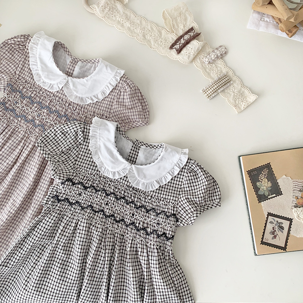 Cutemily Summer Handmade Embroidered Dress Baby Girl's Yuanbao Collar Cotton Plaid Vintage Dress