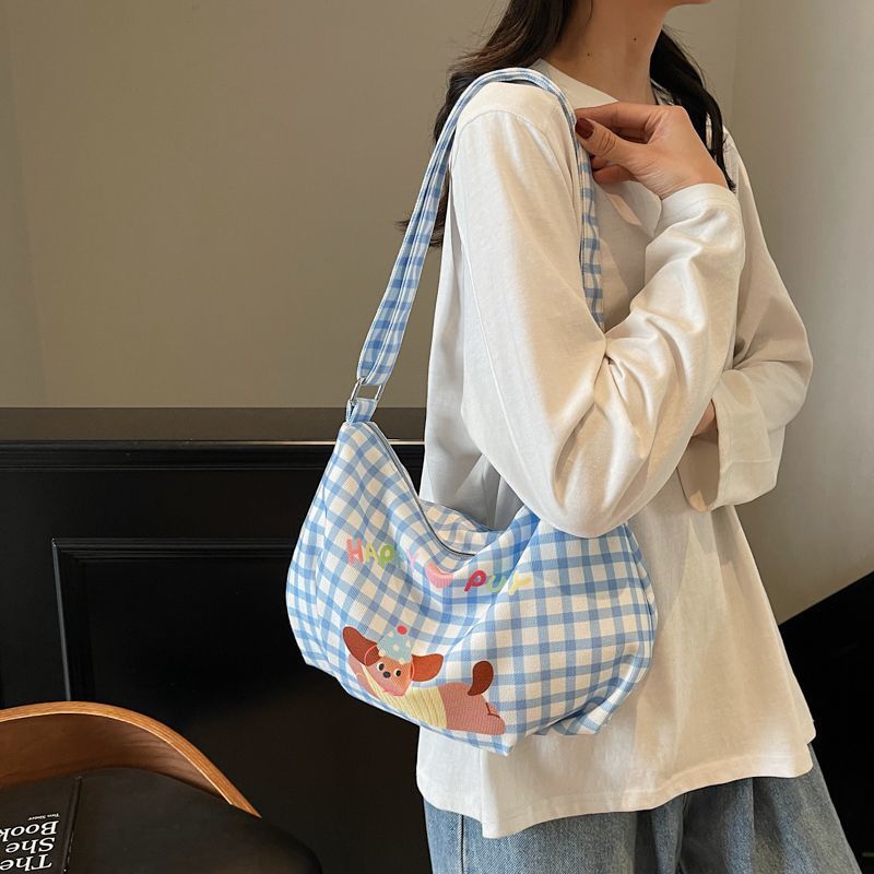 New cute Dachshund box checkered single-shoulder bag for girls, cartoon crossbody canvas bag for girls, and commuting bag for girls' classes Item Picture