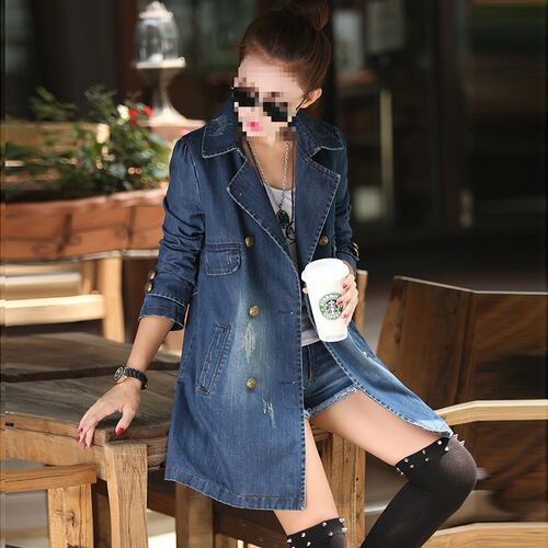 Autumn Women's Fitted Denim Jacket Long Sleeve Casual Medium Length Denim Windbreaker