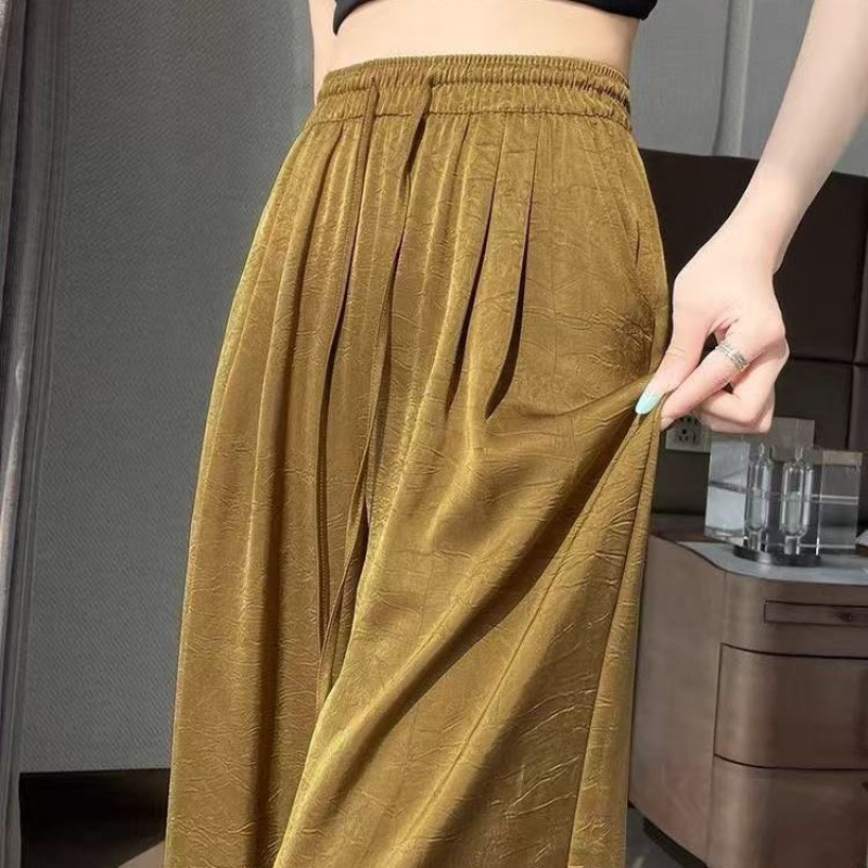 Nuevos pantalones chinos de hielo, pantalones de piernas anchas para mujeres 2025, nuevos pantalones delgados de cintura alta en relieve de estilo nacional de verano, pantalones casuales