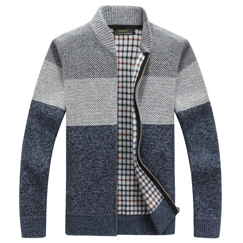 Men's Spring and Autumn Long-Sleeve Stand Collar Striped Padded Thick Open Cardigan Sweater Trendy Thick Casual Knit Shirt