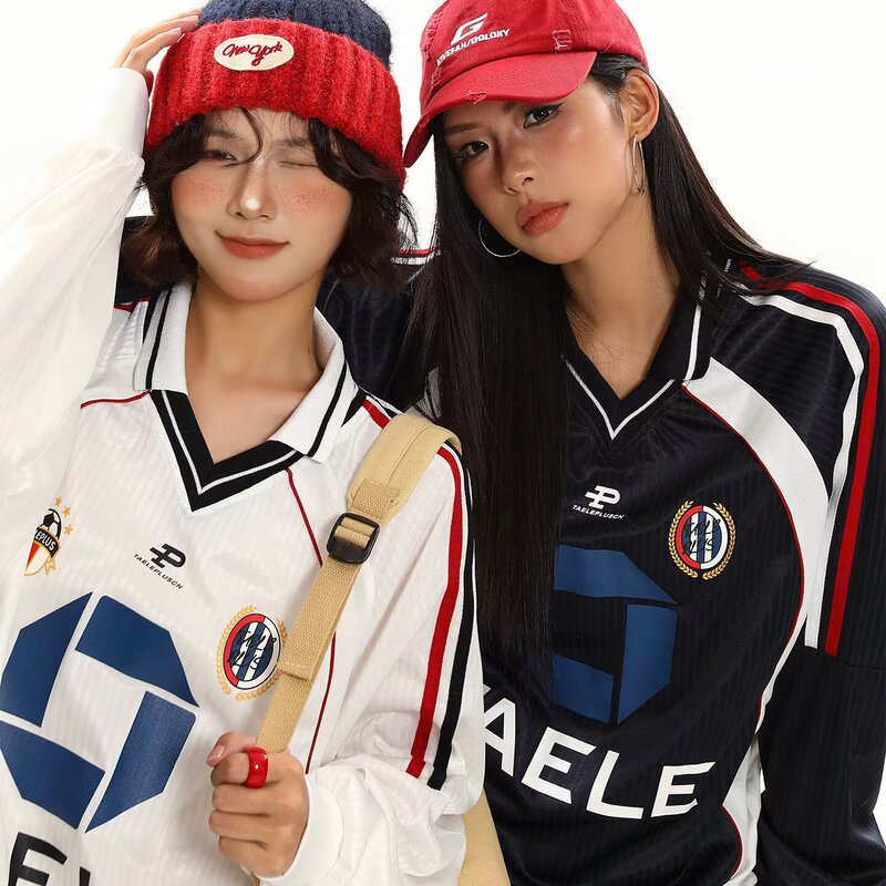 European and American Retro Color-Blocking Sports Polo Shirt Mesh Jersey Women's Trendy Loose Casual Korean Versatile Long Sleeve