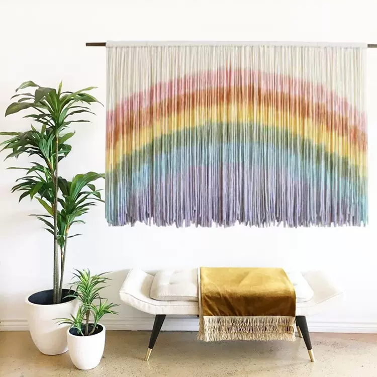 彩虹北欧风手工编织染色挂毯民宿客厅卧室床头软装装饰儿童房挂布
