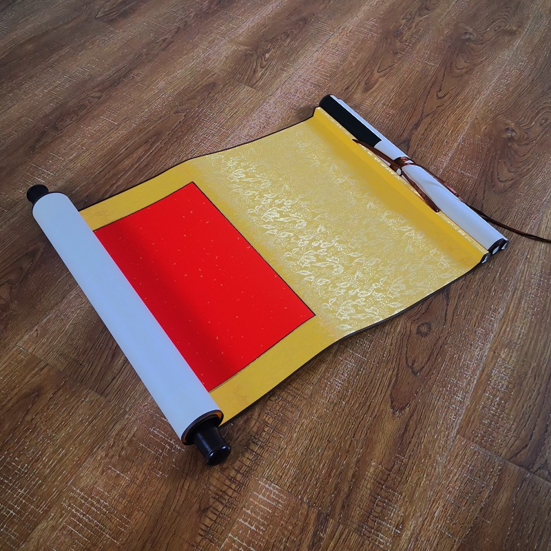 Buddha yellow gold blue black red gold sprinkled Xuan paper blank scroll gold label all silk calligraphy scroll