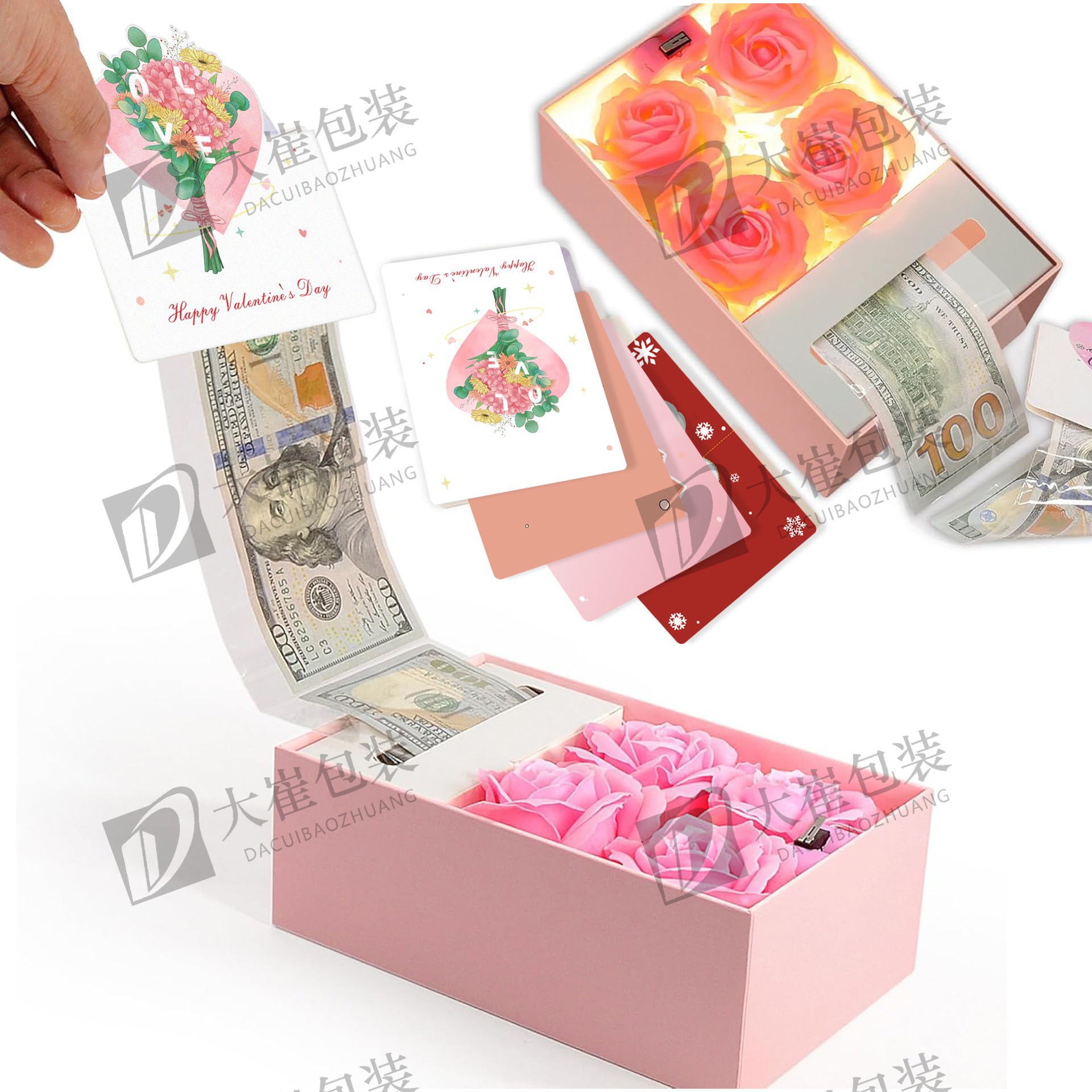 粉色盒子（含5朵玫瑰花，4张贺卡，一个灯带，30个袋子）