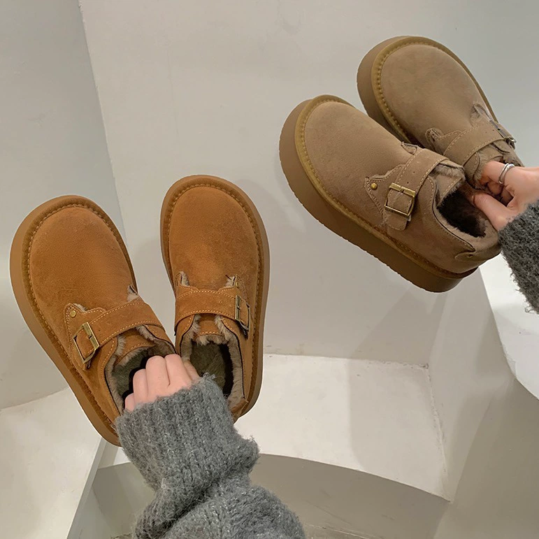 Теплая нескользящая обувь интернет-знаменитостей на толстой подошве с хлопковой подкладкой, женская зимняя обувь на флисовой подкладке, новинка 2024 года, утолщенная бокенская ретро-обувь