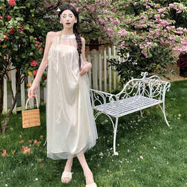 实拍新中式无袖花朵珠链连衣裙家居服吊带性感睡衣网纱冰丝
