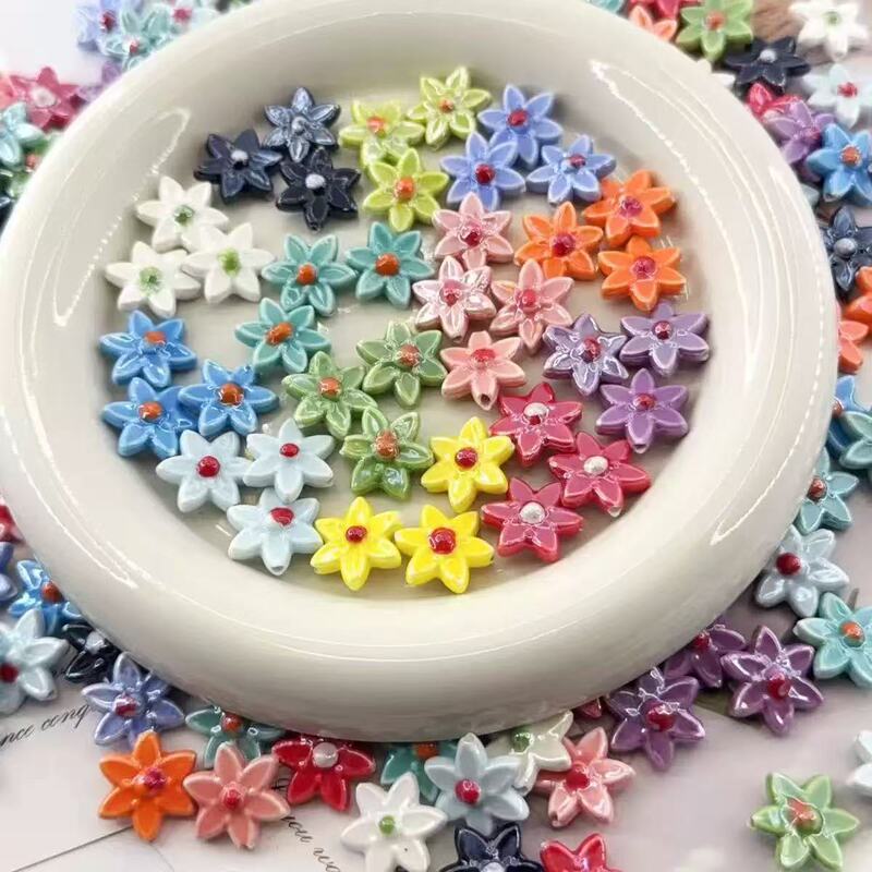 Flower Six-Petal Flower Camellia Straight Hole Ceramic Beads DIY Mobile Phone Chain Key Chain Car Hanging Shoe Bag Jewelry