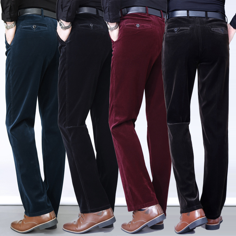 Autumn New Men's Cashmere Pants High Waist Elastic Corduroy Casual Pants Middle-aged Men's Outerwear Straight Pants