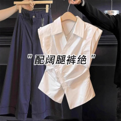 法式Polo领衬衫小飞袖T恤女2025新款夏季绑带收腰高级感无袖上衣