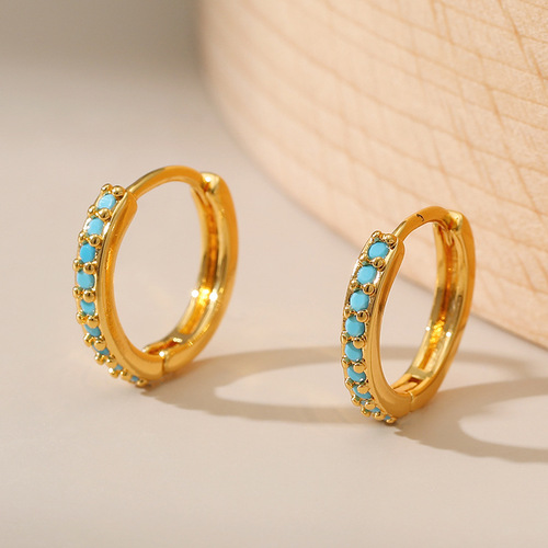 Earrings with a cool and chic style, plated with 18K gold, featuring a circle design with micro-set turquoise accents, embodying a light luxury feel.