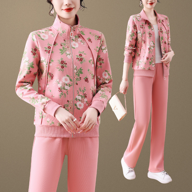 High Cotton Middle-Aged Mother Casual Sports Suit Women's 2025 Spring New Stand-Up Collar Cardigan Sweatshirt and Sweatpants Two-Piece Set
