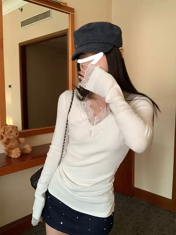 白色纯欲蕾丝花边长袖磨毛打底衫女春秋冬正肩修身v领内搭上衣t恤|undefined