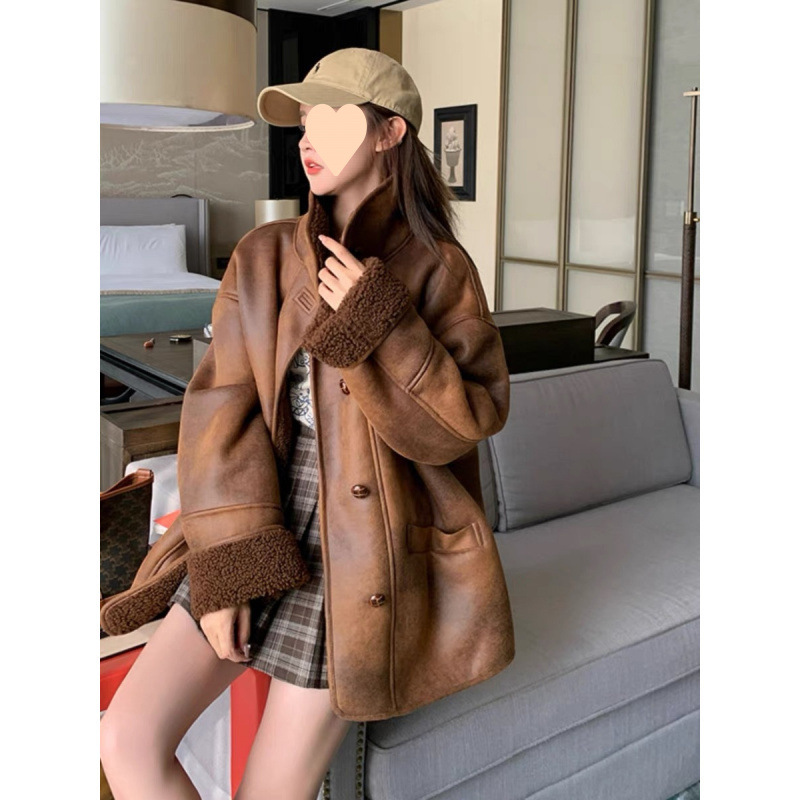 Maillard Winter Motorcycle Jacket for Women, Warm Autumn and Winter Thickened Lamb One-Piece Korean Style Mid-Length Coat