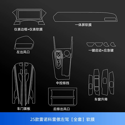 Suitable for 25 Renault Koleos Interior Protective Film Screen Tempered Film Cross-Border Exclusive Supply for Right-Hand Drive Overseas Cars (Car interior film) - 25-models-of-renault-koleos-left-hand-drive-full-set-soft-film