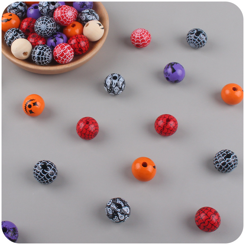 20mm Halloween impresión en color de cuentas madera creativa DIY joyería bebé chupete cadena mordedor pulsera pequeños accesorios