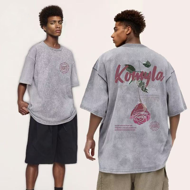 Comercio exterior transfronterizo pesado camiseta de manga corta hombre lavado retro cuello redondo suelto hip-hop estilo americano camisa de hombro en la moda