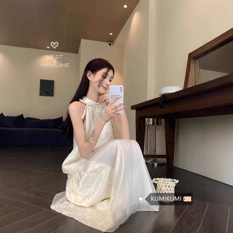 New Chinese Style National Style Cheongsam Cool Feeling Zen Wearing a Set of Hanging Neck Top Half Skirt suit Women's Summer