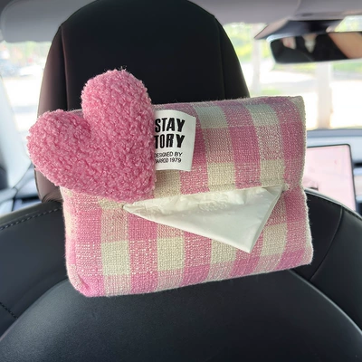 Paper Box Car Sun Visor – Car tissue box/set - pink-heart-plaid-tissue-draw-pink