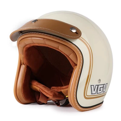 Motosiklet kaskı (dəbilqə) – and motorcycles, unisex outdoor riding helmet - milky-white-with-gold-trim-brown-leather-brim-m55-56