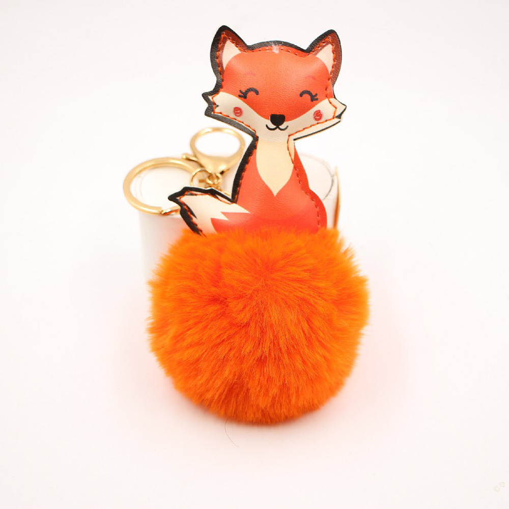 Cross-border Leather Cute Fox Plush Ball Pendant Bag Accessorie School Bag Purse Hair Ball Keychain display picture 7