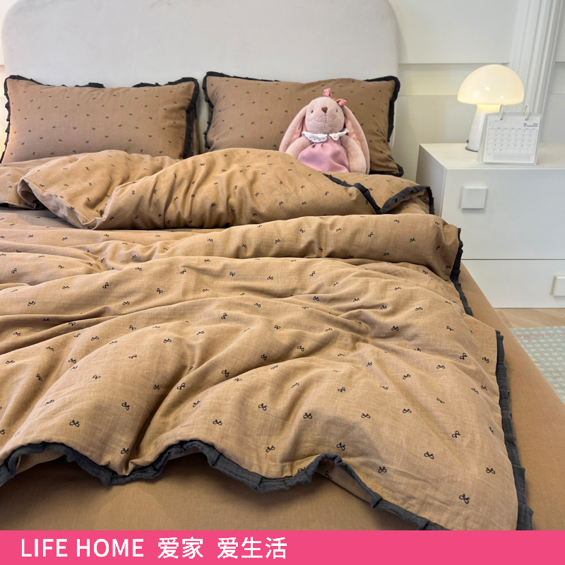 Clase A Ropa de cama francesa Juego de cuatro piezas de algodón lavado puro Hilo doble Dormitorio Funda de edredón de alta gama Sábanas y sábanas